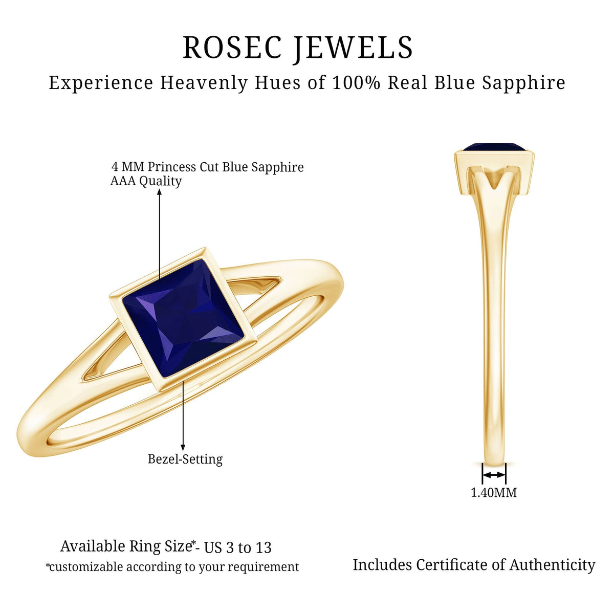 Blue Sapphire Promise Ring, Princess Cut Split Shank Solitaire