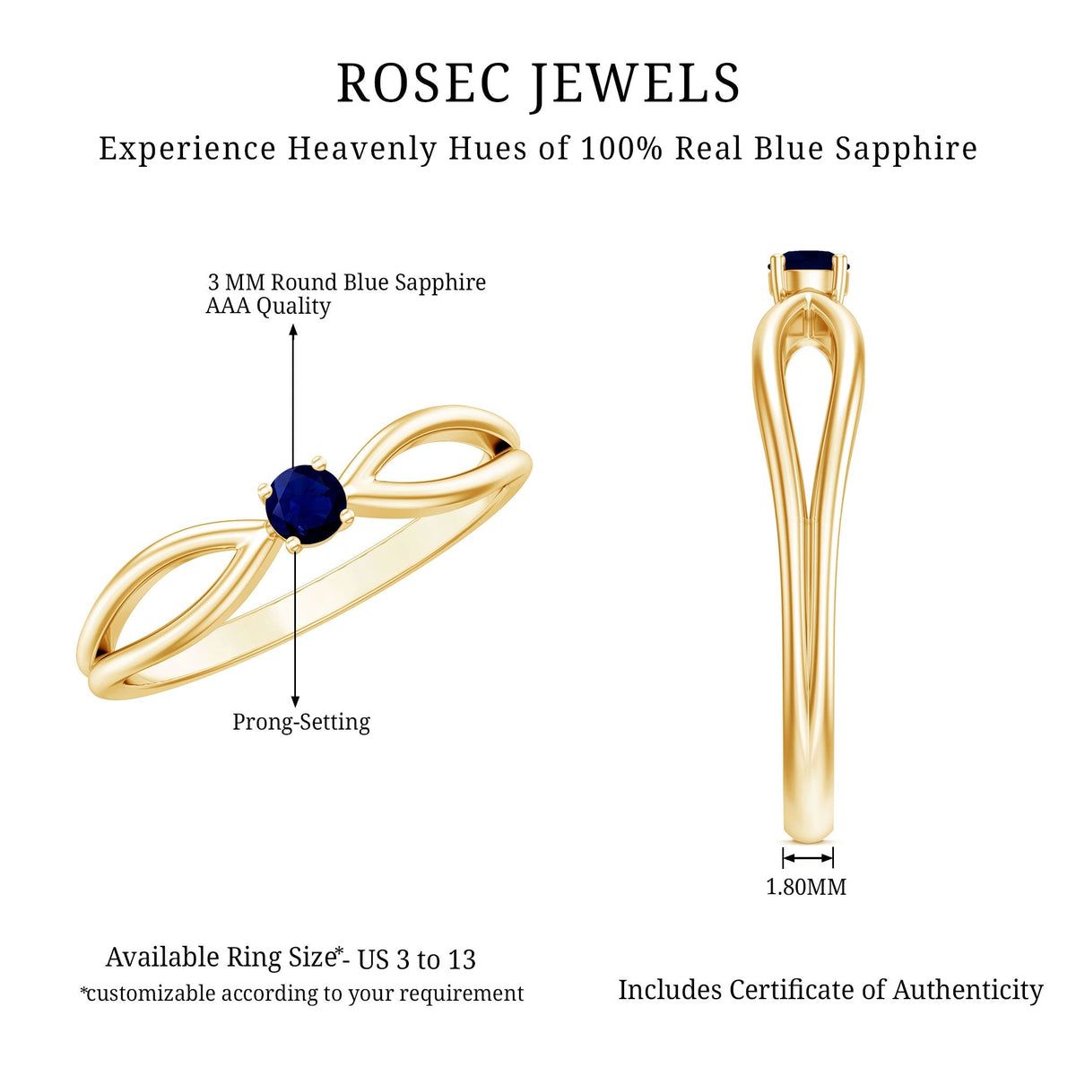 Blue Sapphire Promise Ring, Split Shank 4 Mm Round Stone Band