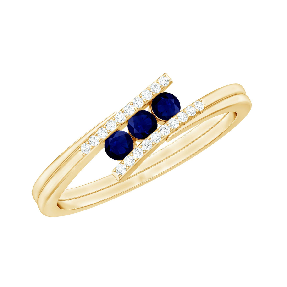 Blue Sapphire Promise Ring, Three Stone Diamond Bypass Style