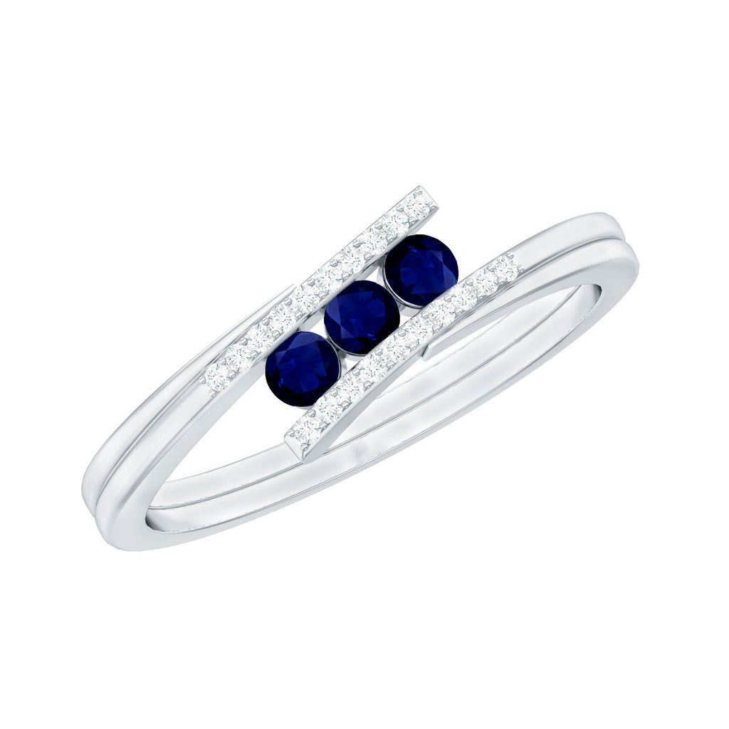 Blue Sapphire Promise Ring, Three Stone Diamond Bypass Style