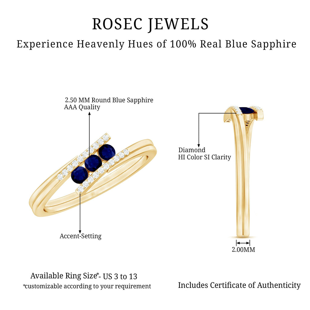 Blue Sapphire Promise Ring, Three Stone Diamond Bypass Style