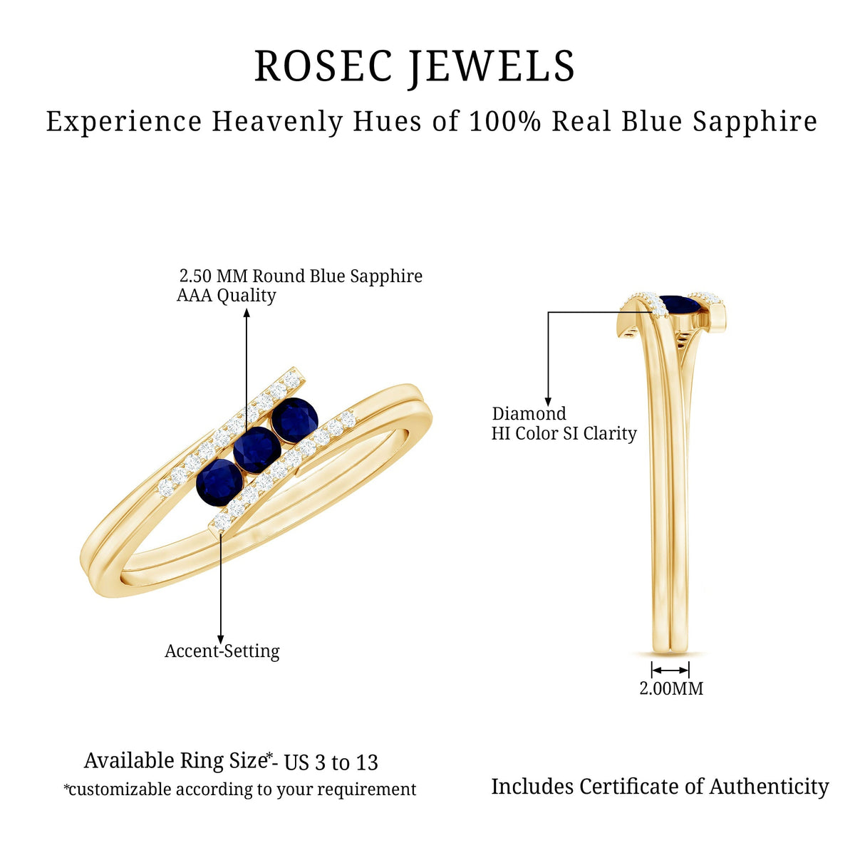 Blue Sapphire Promise Ring, Three Stone Diamond Bypass Style