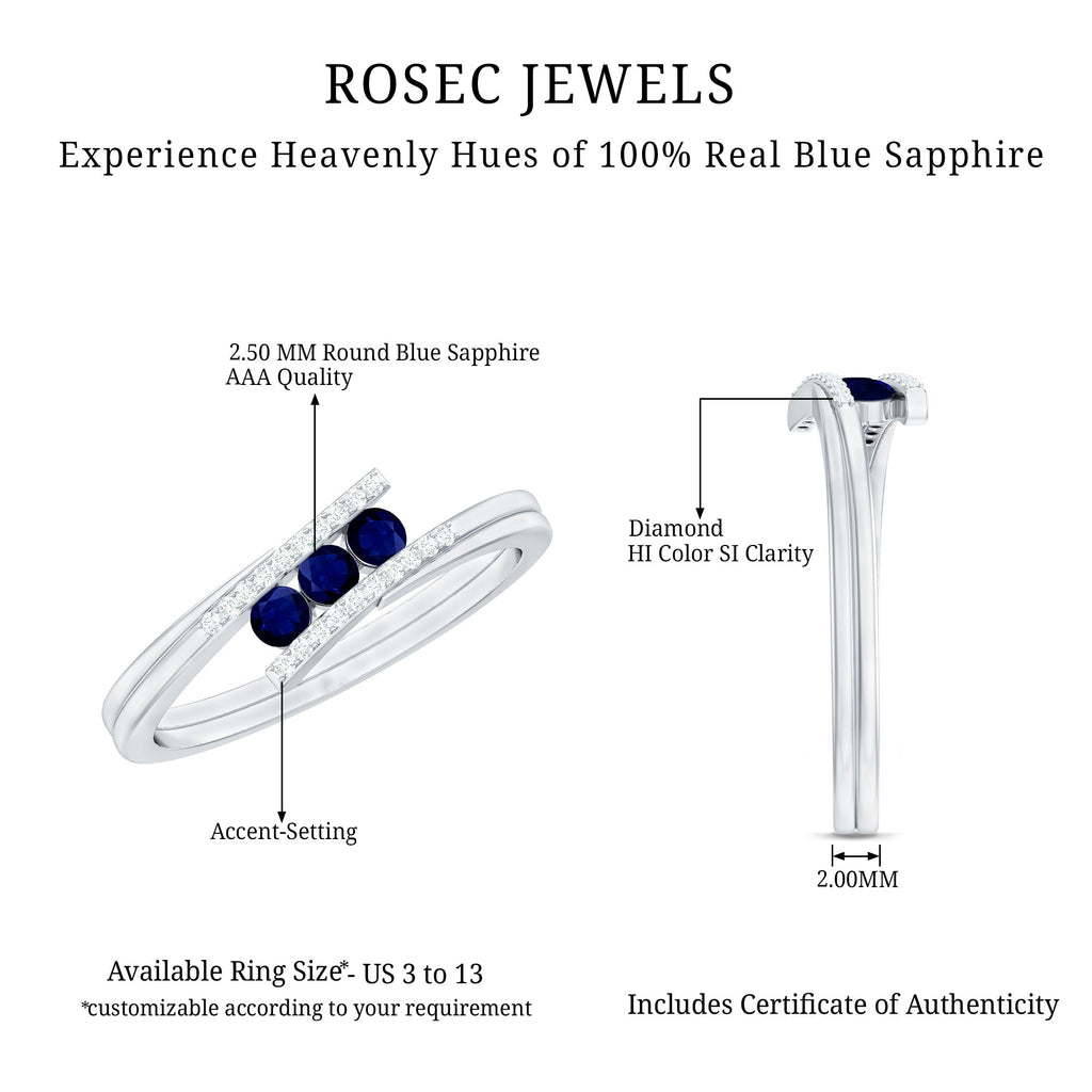 Blue Sapphire Promise Ring, Three Stone Diamond Bypass Style