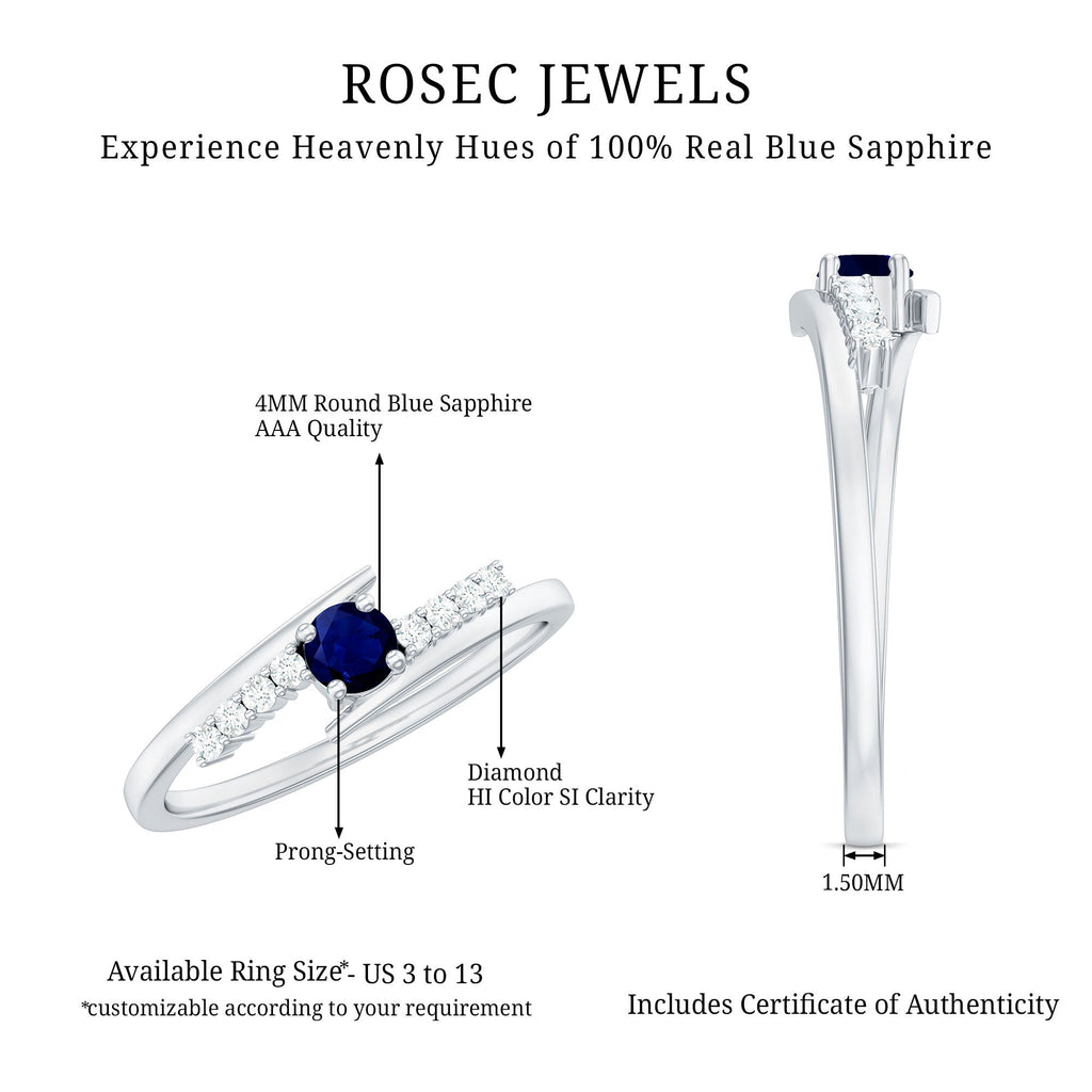 Blue Sapphire Promise Ring With Diamond Bypass Shank For Her Gift