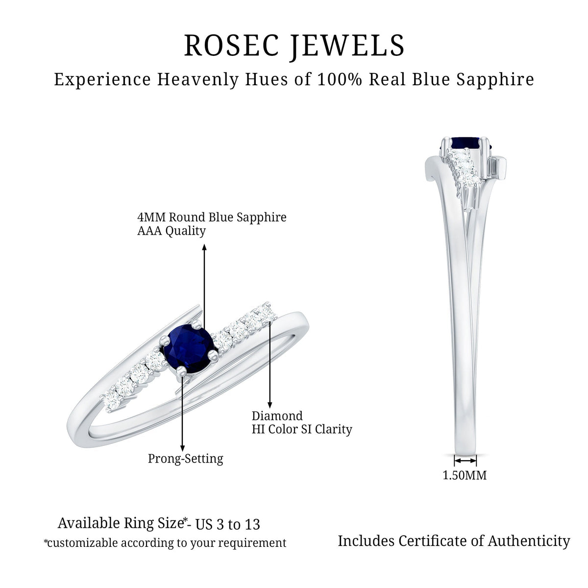 Blue Sapphire Promise Ring With Diamond Bypass Shank For Her Gift