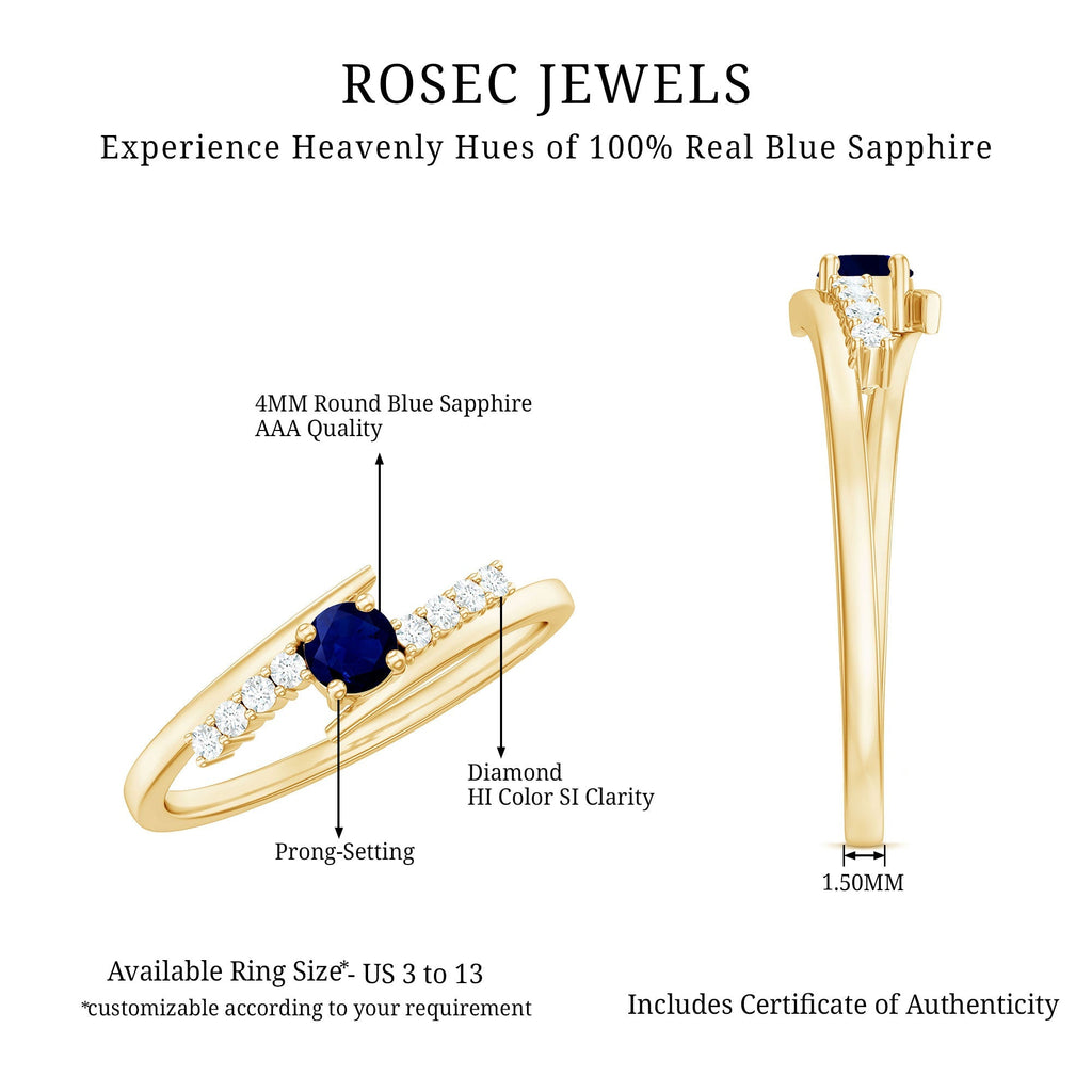 Blue Sapphire Promise Ring With Diamond Bypass Shank For Her Gift