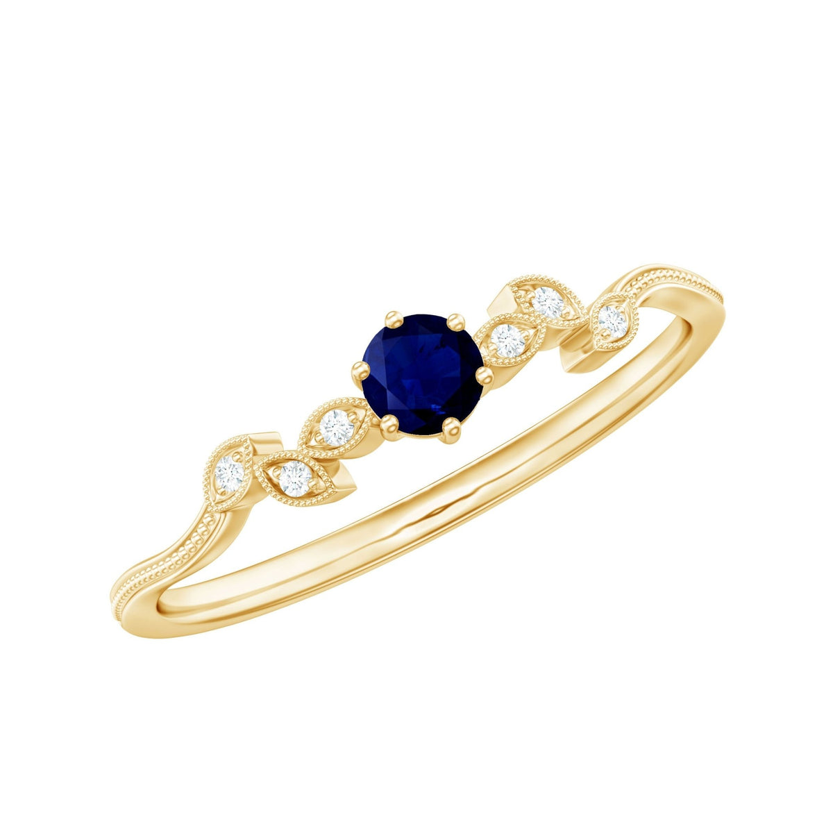 Blue Sapphire Promise Ring With Diamond Leaf Inspired Design