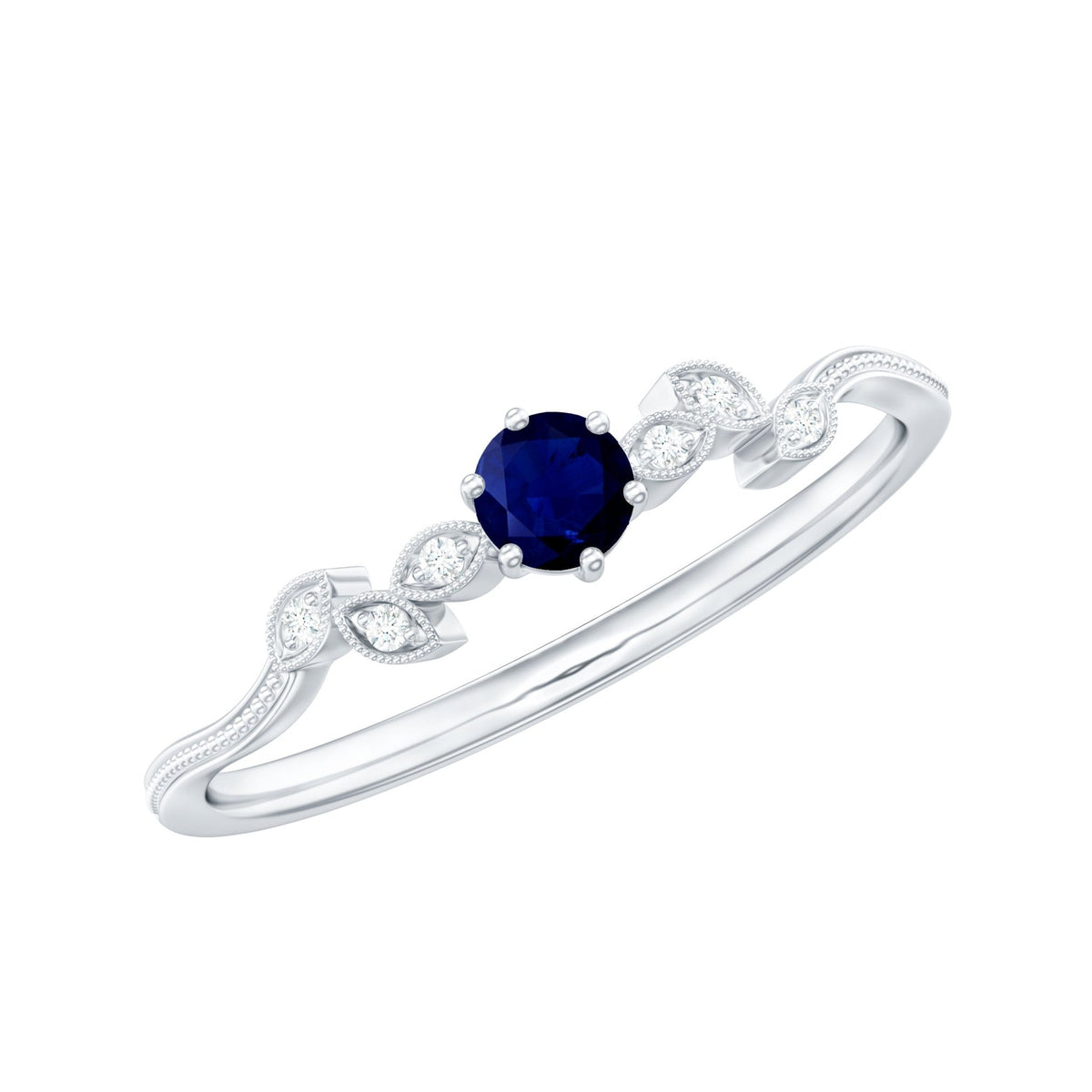 Blue Sapphire Promise Ring With Diamond Leaf Inspired Design