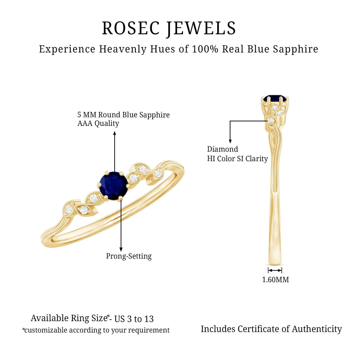 Blue Sapphire Promise Ring With Diamond Leaf Inspired Design