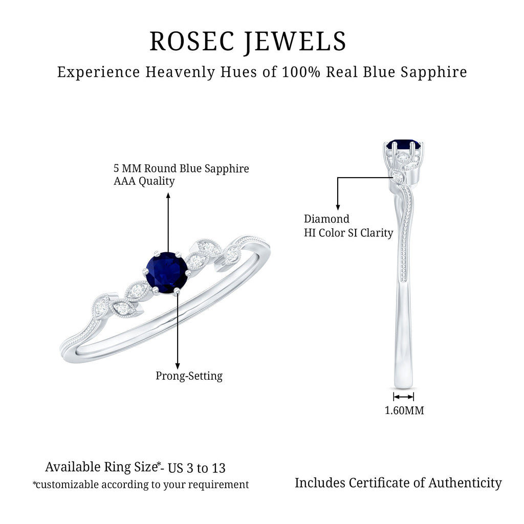 Blue Sapphire Promise Ring With Diamond Leaf Inspired Design