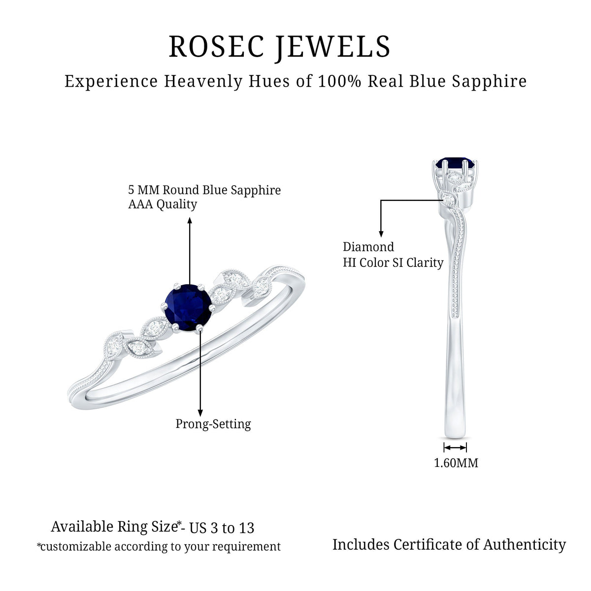 Blue Sapphire Promise Ring With Diamond Leaf Inspired Design