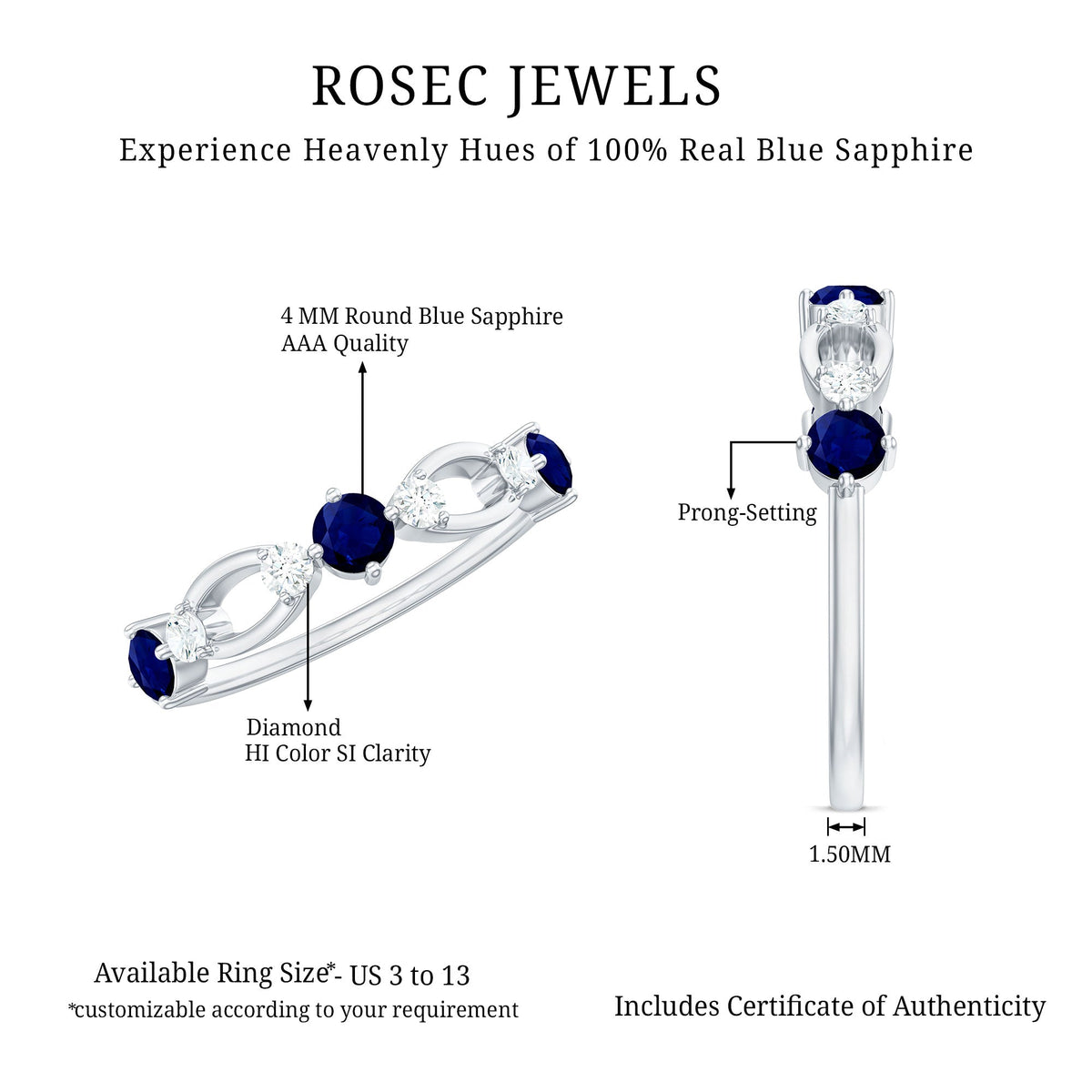 Blue Sapphire Promise Ring With Diamond Natural Gemstone Band