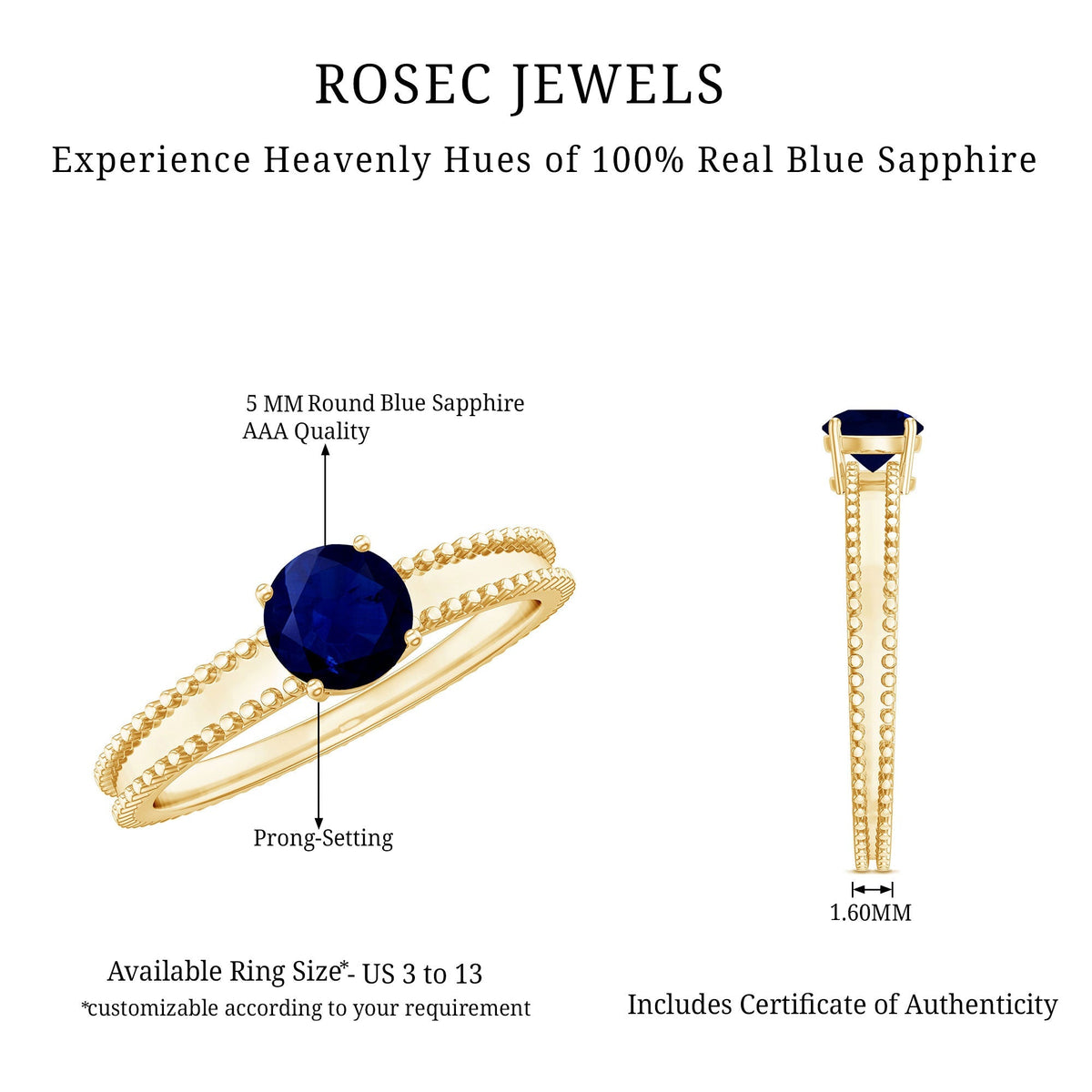 Blue Sapphire Ring, 0.95 Carat Solitaire Birthstone Ring For Her