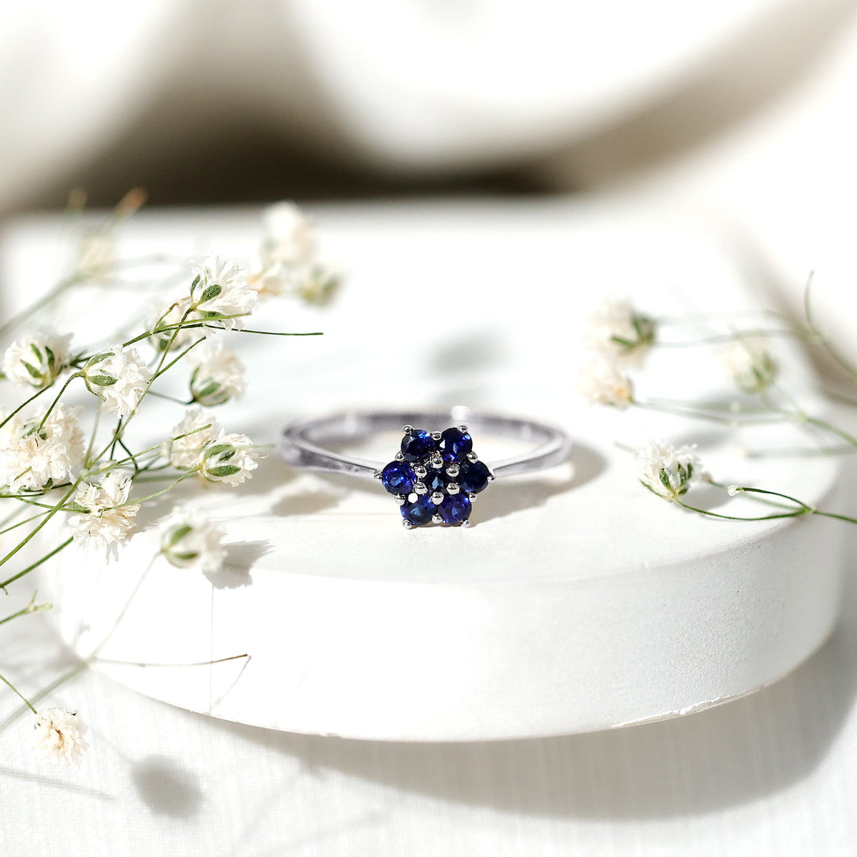 Blue Sapphire Ring, Certified Round Cluster Flower Ring