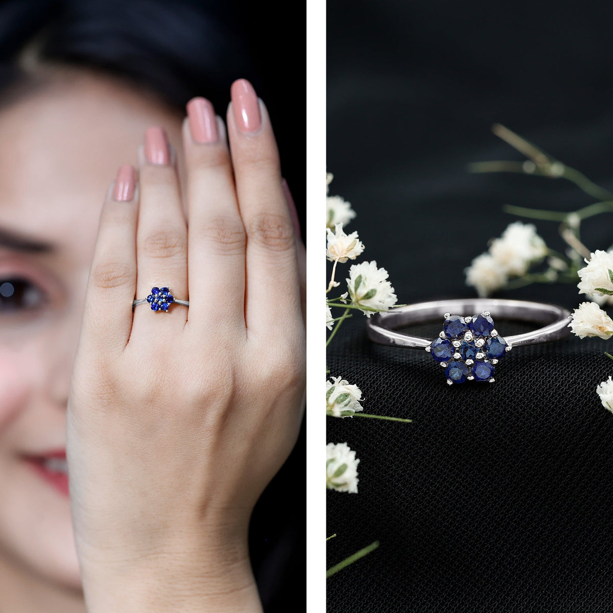 Blue Sapphire Ring, Certified Round Cluster Flower Ring