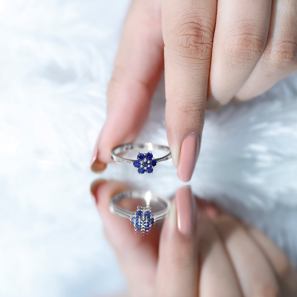 Blue Sapphire Ring, Certified Round Cluster Flower Ring