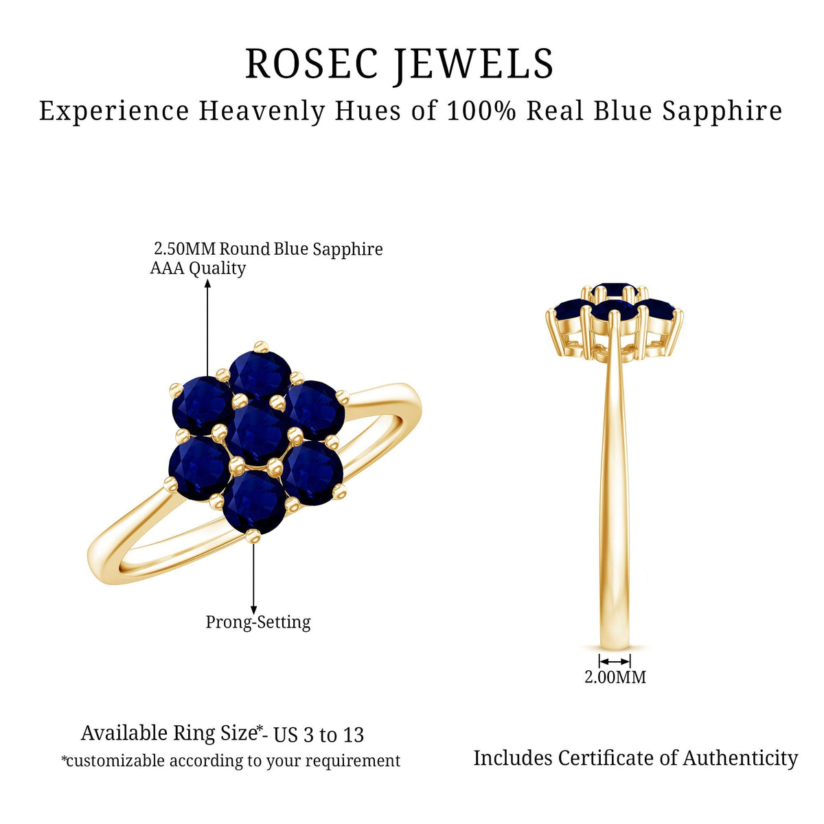 Blue Sapphire Ring, Certified Round Cluster Flower Ring