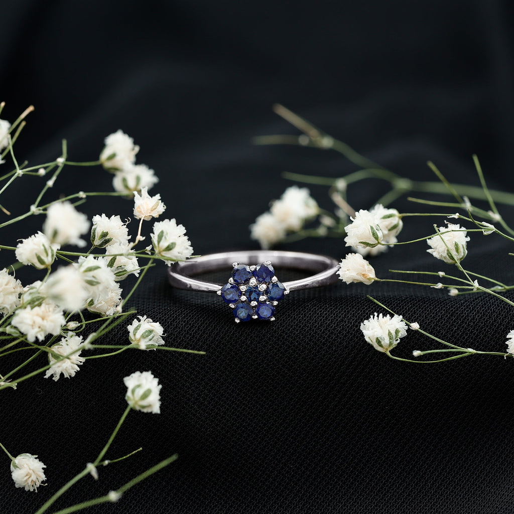 Blue Sapphire Ring, Certified Round Cluster Flower Ring