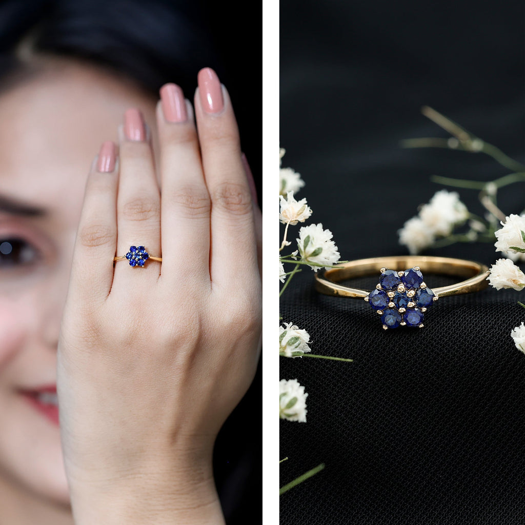 Blue Sapphire Ring, Certified Round Cluster Flower Ring
