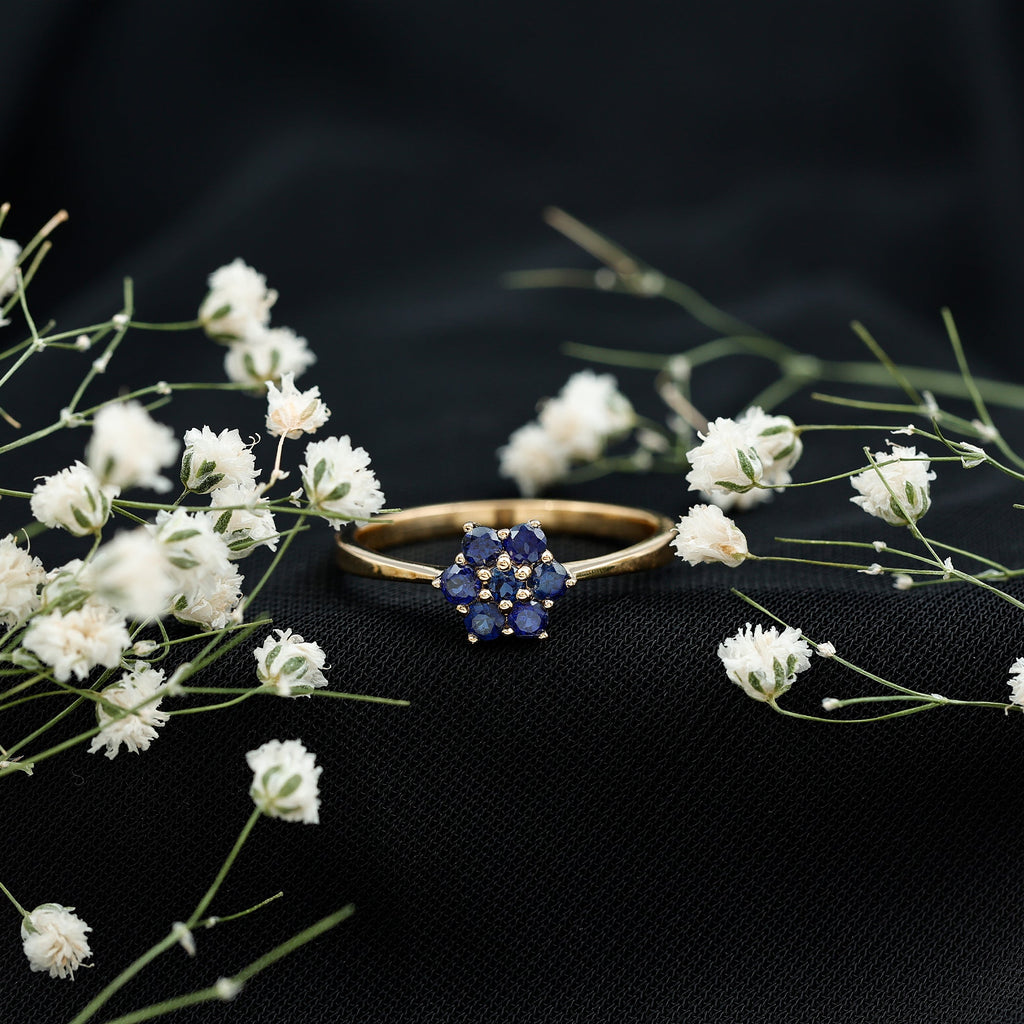 Blue Sapphire Ring, Certified Round Cluster Flower Ring