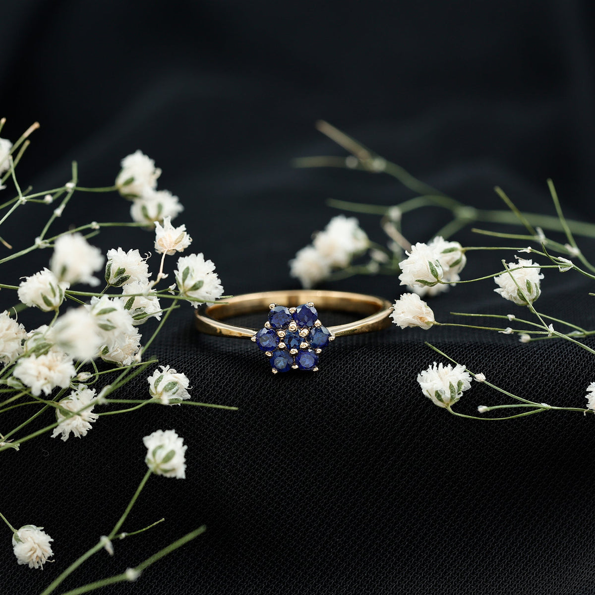 Blue Sapphire Ring, Certified Round Cluster Flower Ring