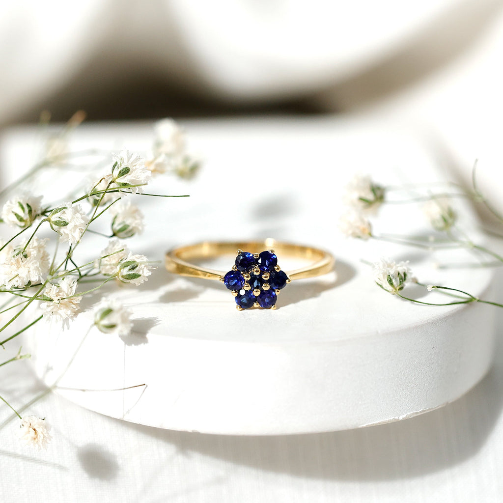 Blue Sapphire Ring, Certified Round Cluster Flower Ring
