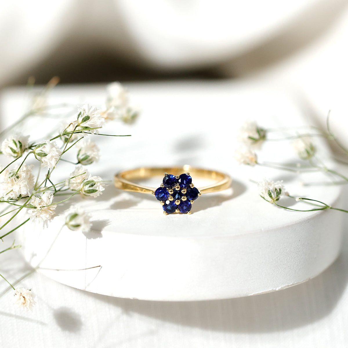 Blue Sapphire Ring, Certified Round Cluster Flower Ring
