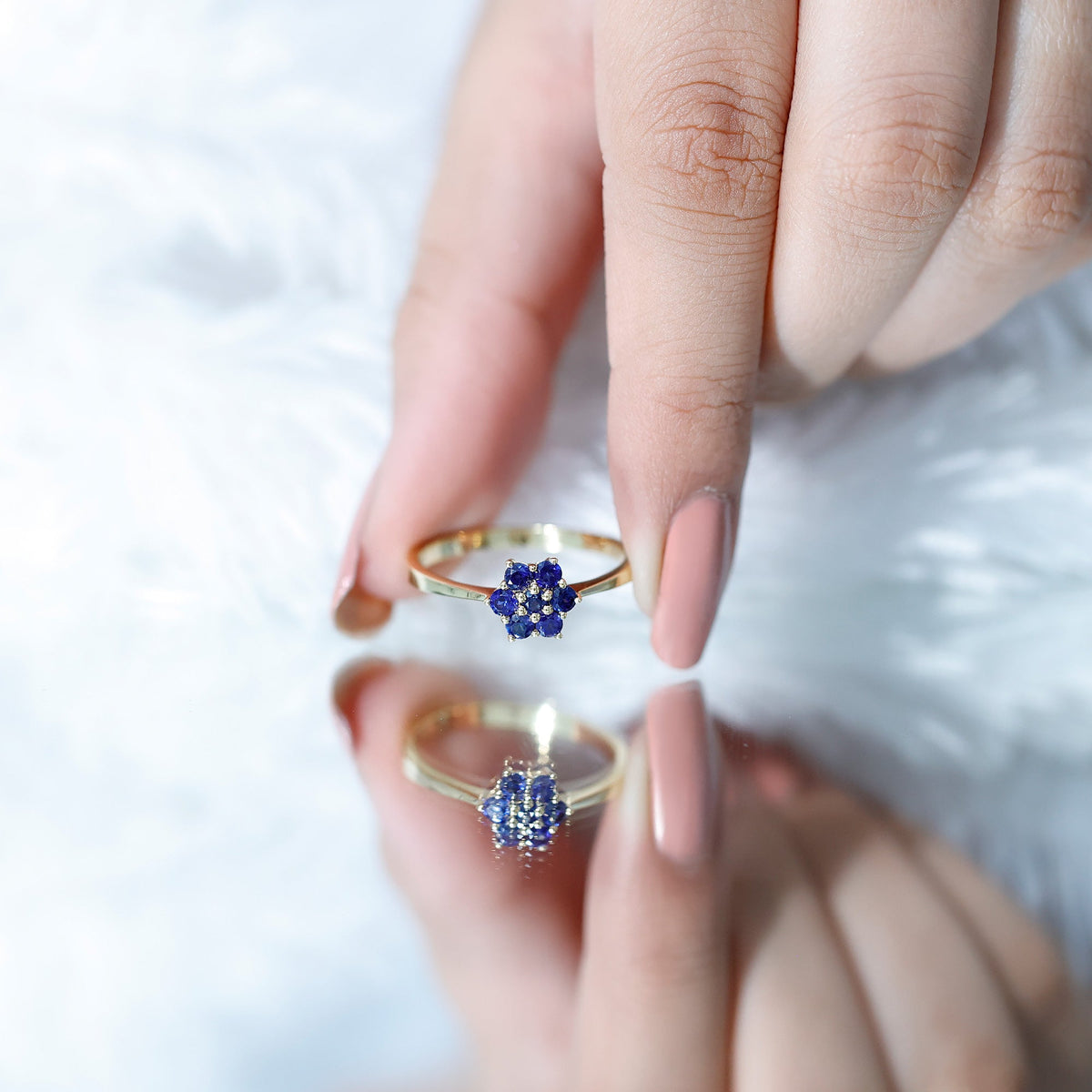 Blue Sapphire Ring, Certified Round Cluster Flower Ring