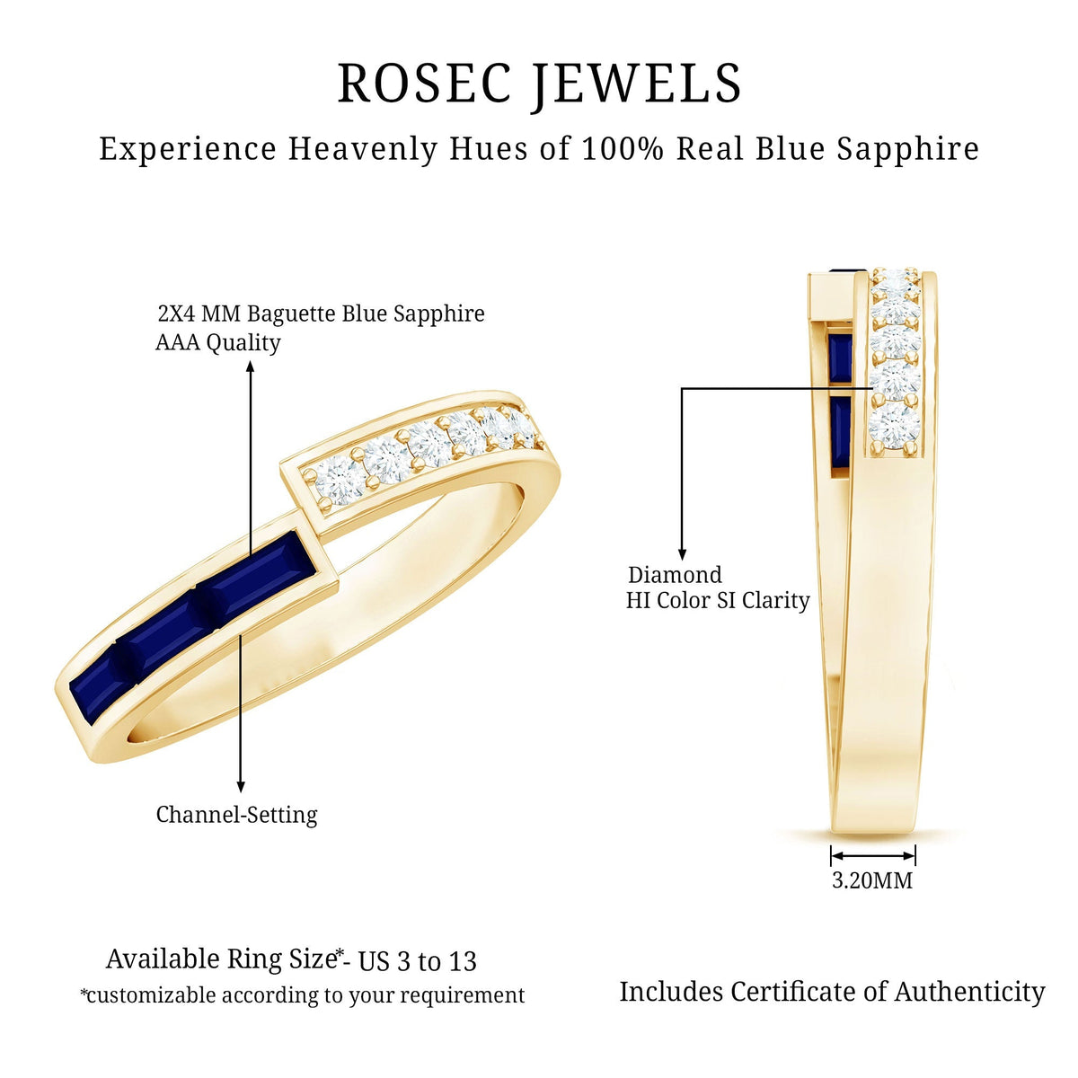 Blue Sapphire Ring Diamond Anniversary Band With Baguette Stones