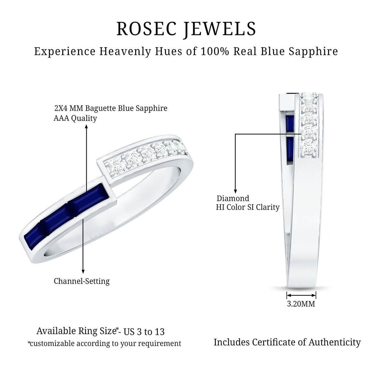 Blue Sapphire Ring Diamond Anniversary Band With Baguette Stones