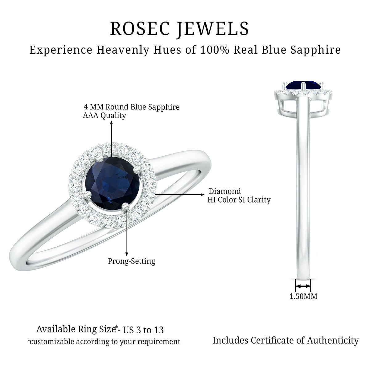 Blue Sapphire Ring Diamond Floating Halo Engagement Ring For Lady