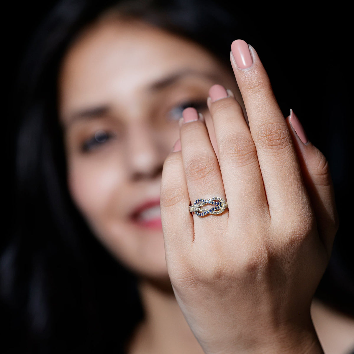 Blue Sapphire Ring Diamond Interlock Wedding Band For Women