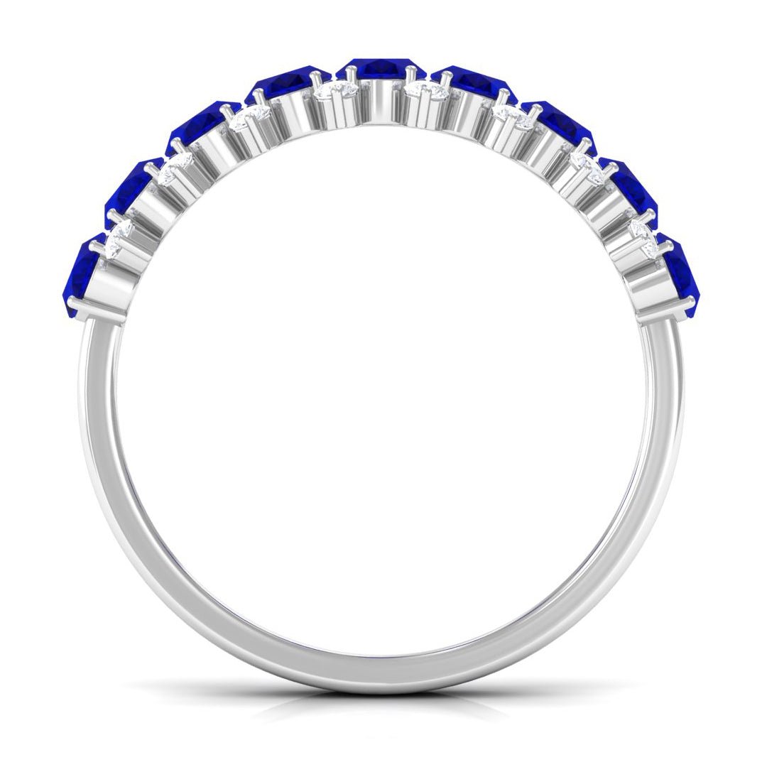 Blue Sapphire Ring, Natural Oval Half Eternity Band With Diamonds