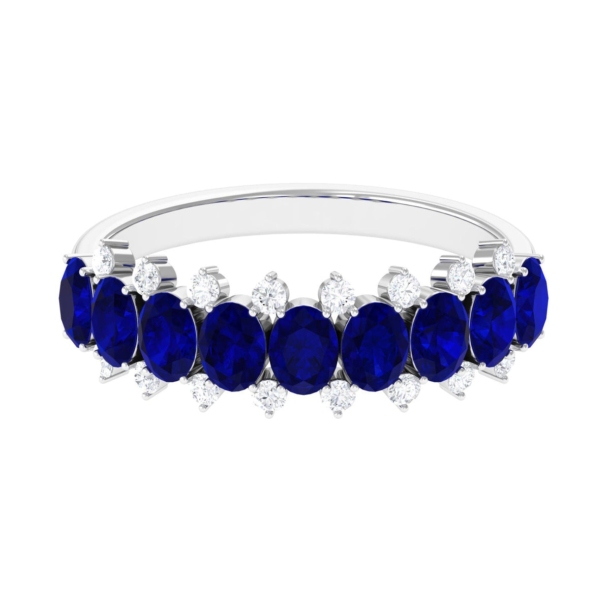 Blue Sapphire Ring, Natural Oval Half Eternity Band With Diamonds