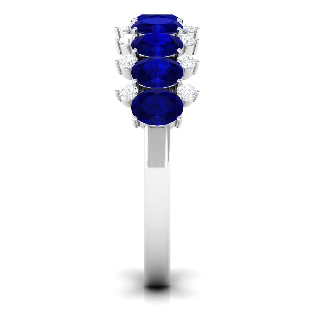 Blue Sapphire Ring, Natural Oval Half Eternity Band With Diamonds