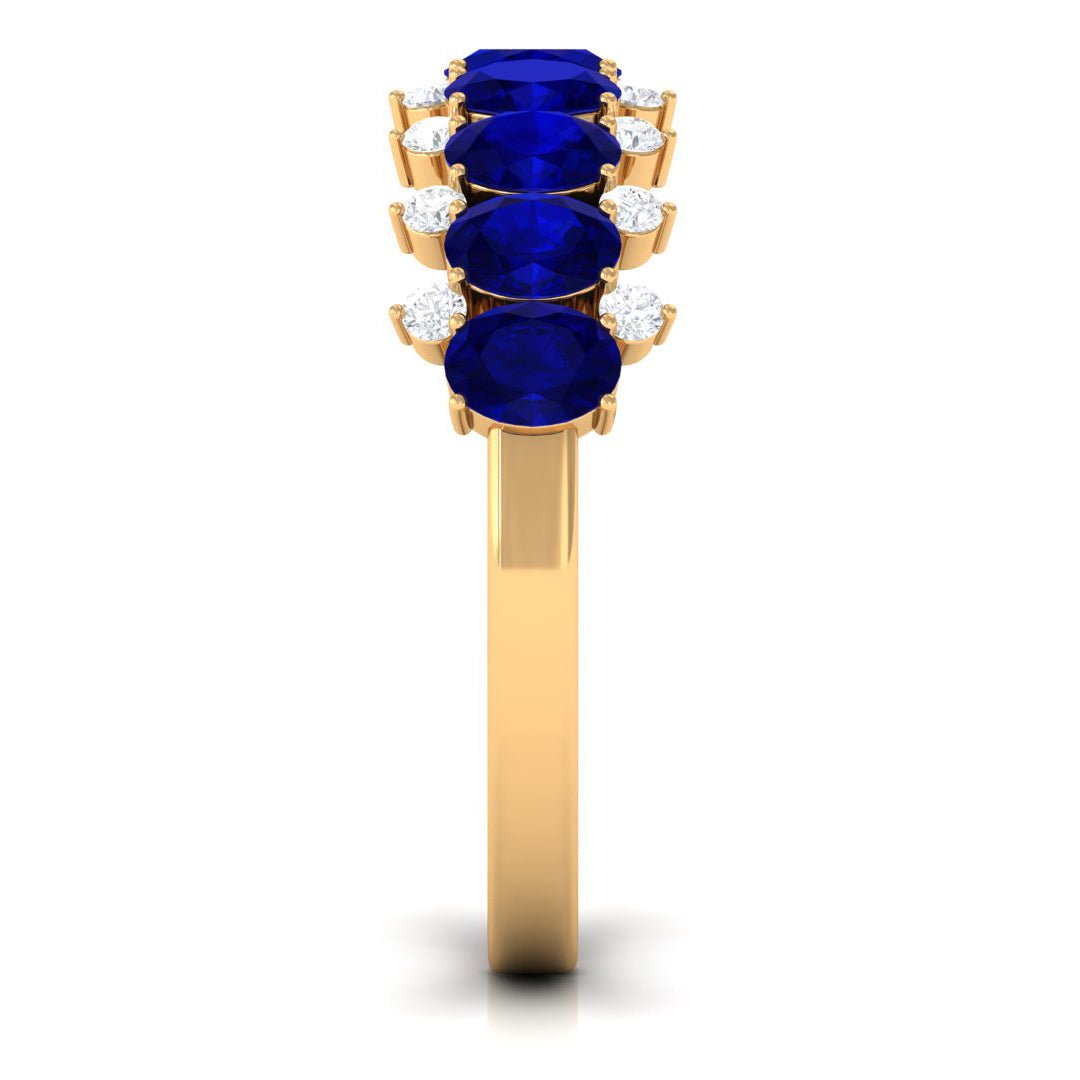 Blue Sapphire Ring, Natural Oval Half Eternity Band With Diamonds