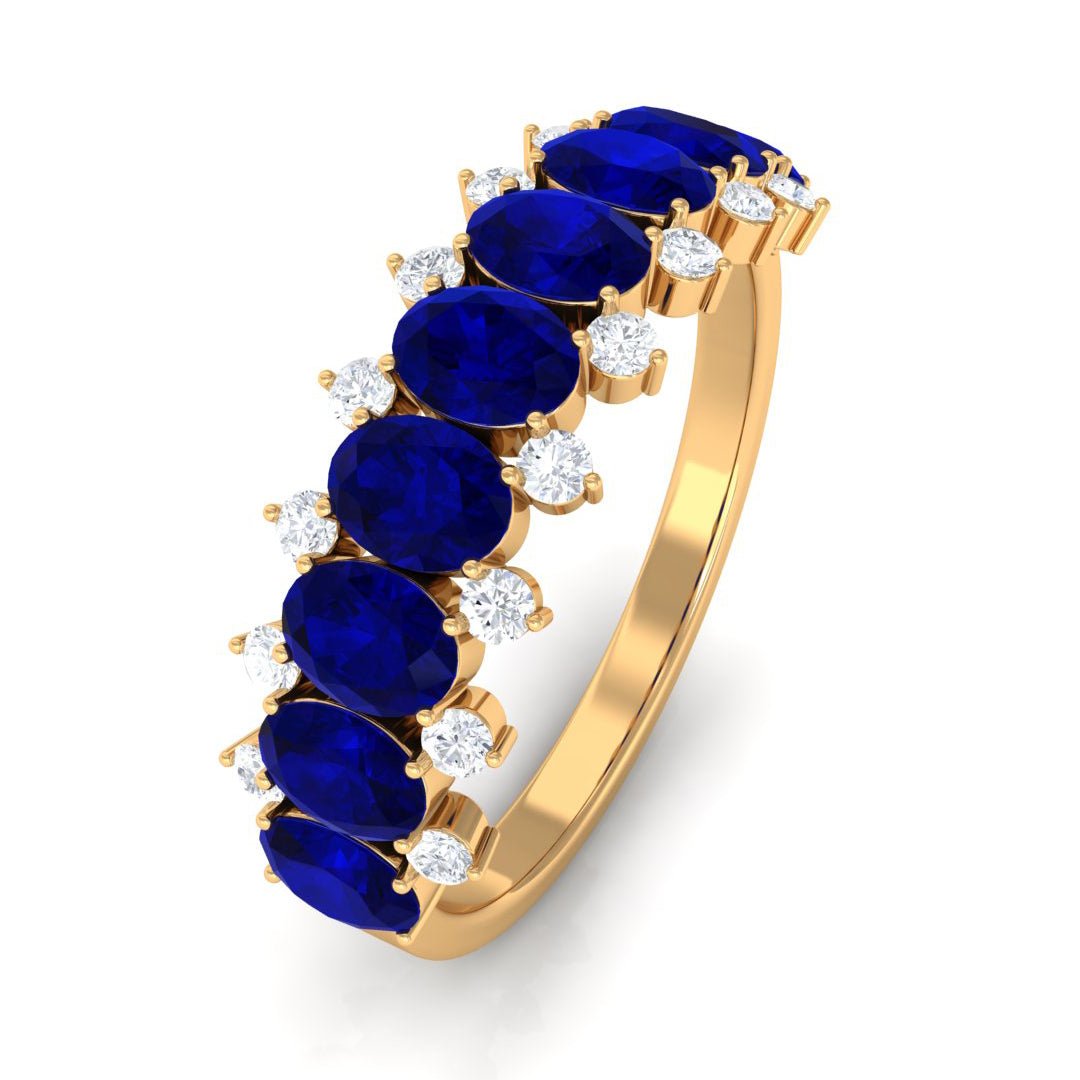 Blue Sapphire Ring, Natural Oval Half Eternity Band With Diamonds