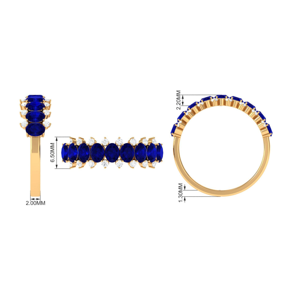 Blue Sapphire Ring, Natural Oval Half Eternity Band With Diamonds
