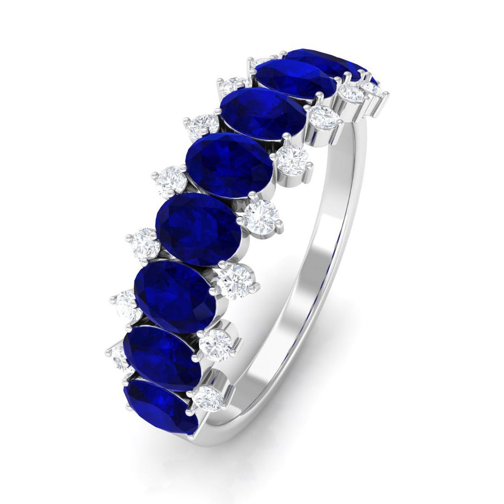Blue Sapphire Ring, Natural Oval Half Eternity Band With Diamonds