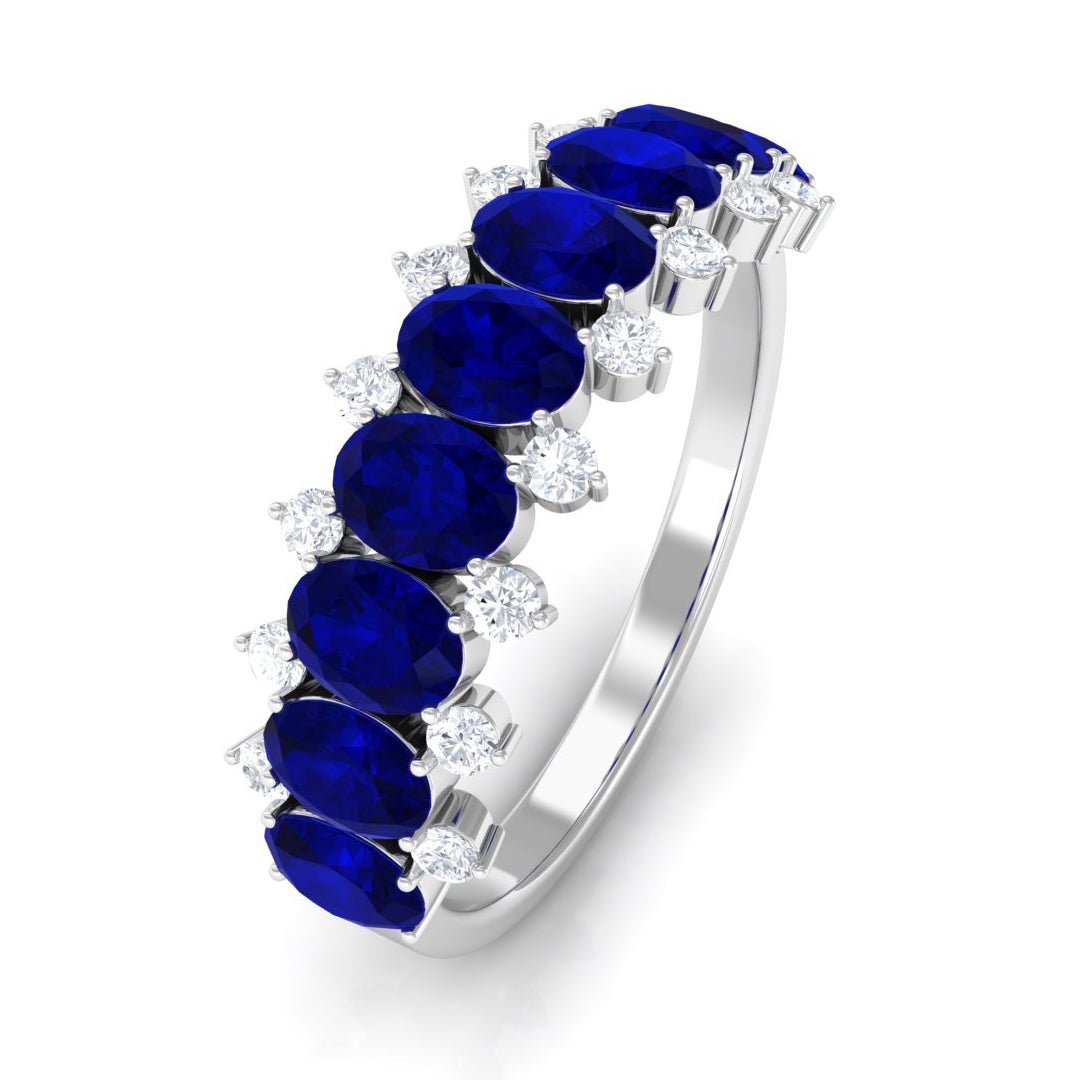 Blue Sapphire Ring, Natural Oval Half Eternity Band With Diamonds