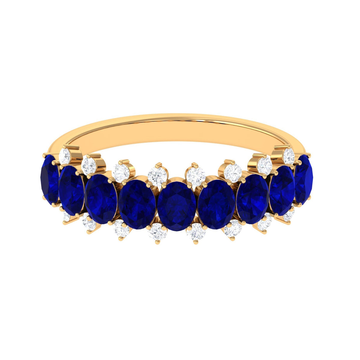 Blue Sapphire Ring, Natural Oval Half Eternity Band With Diamonds