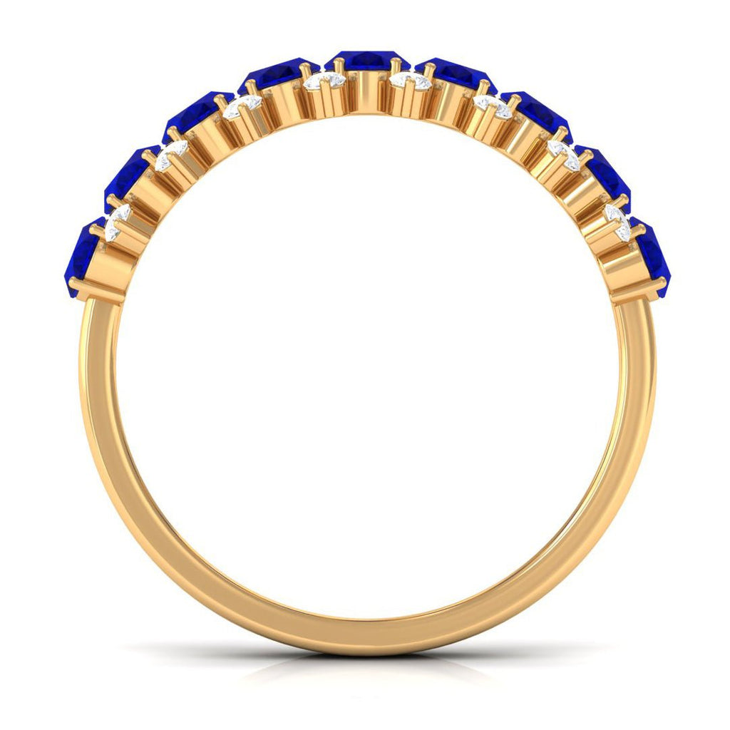Blue Sapphire Ring, Natural Oval Half Eternity Band With Diamonds