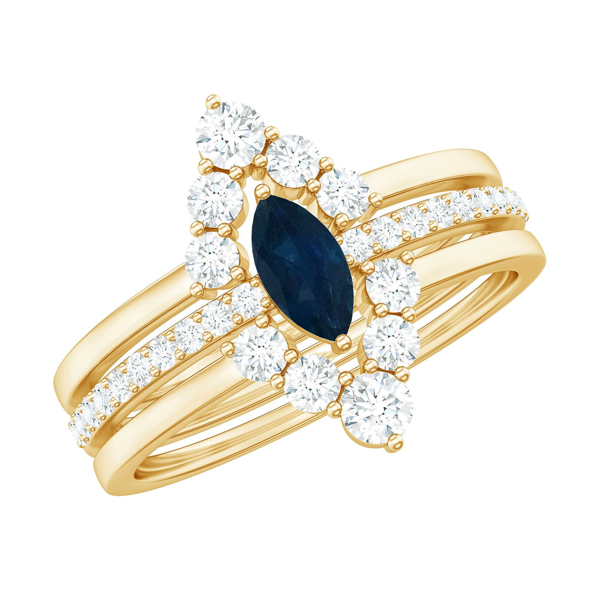 Blue Sapphire Ring Set, Marquise Cut Diamond Three-Piece Stack