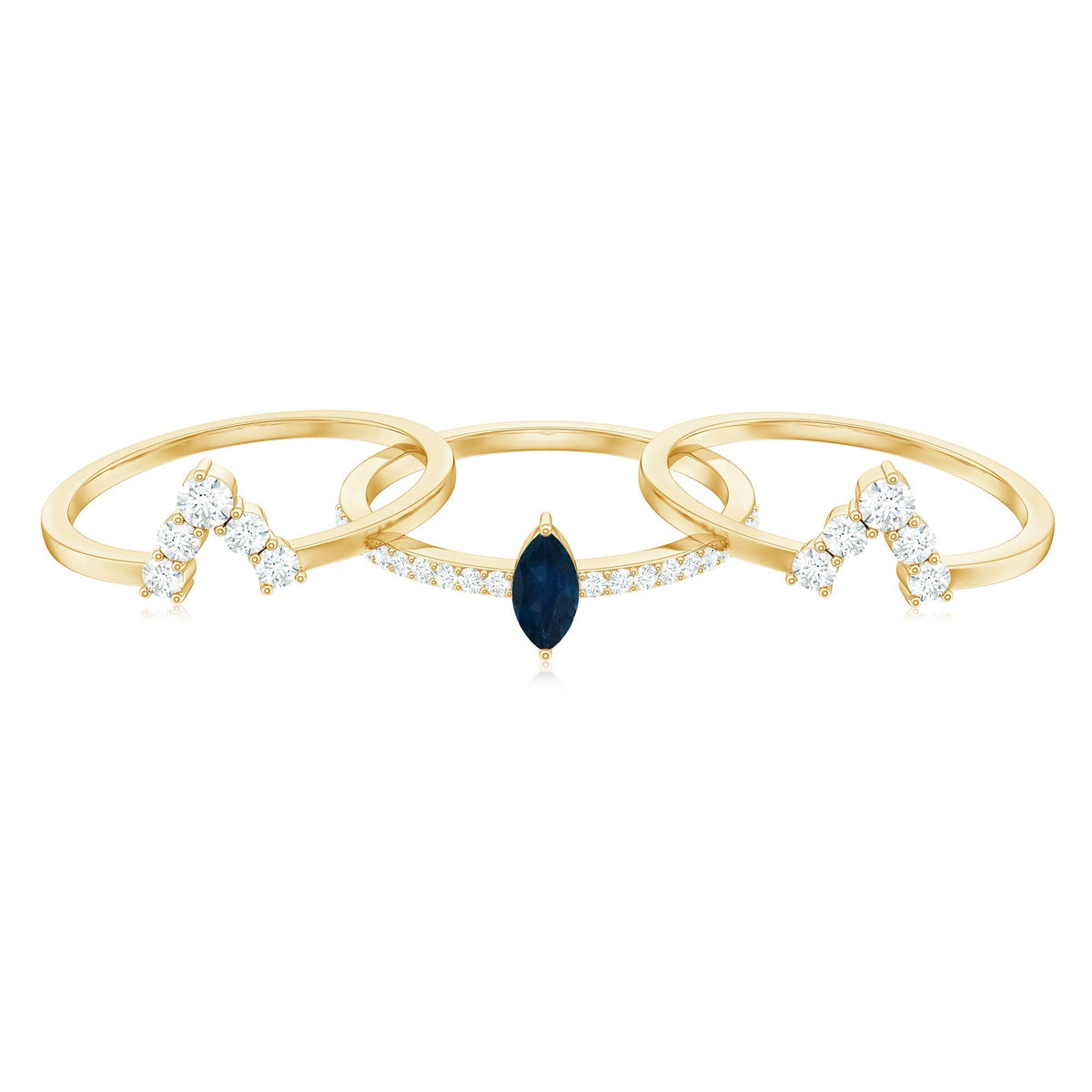 Blue Sapphire Ring Set, Marquise Cut Diamond Three-Piece Stack
