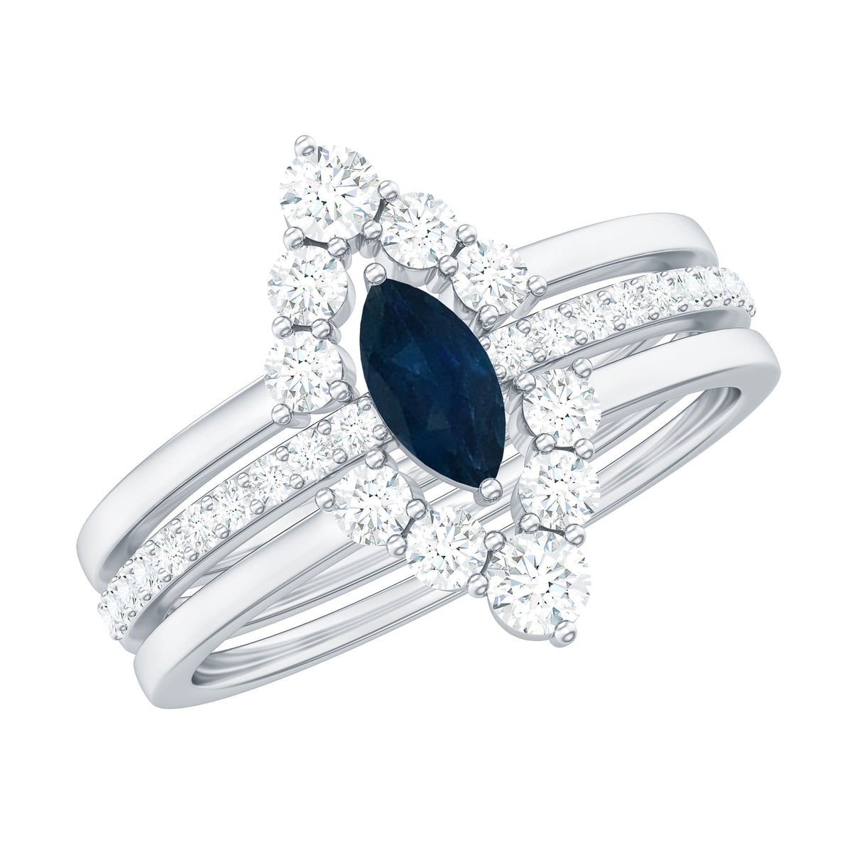 Blue Sapphire Ring Set, Marquise Cut Diamond Three-Piece Stack
