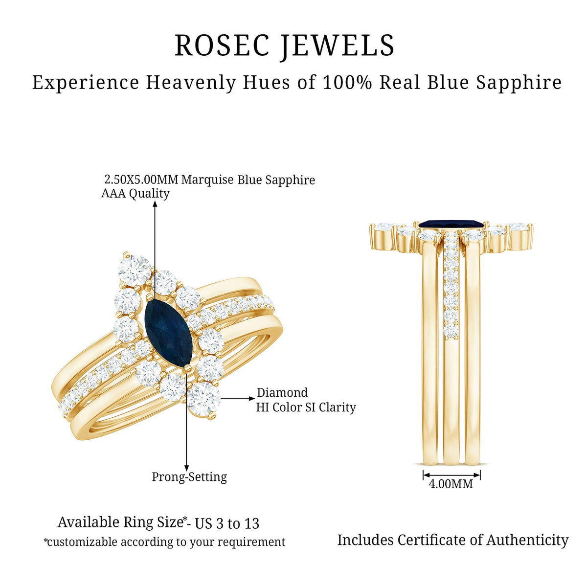 Blue Sapphire Ring Set, Marquise Cut Diamond Three-Piece Stack