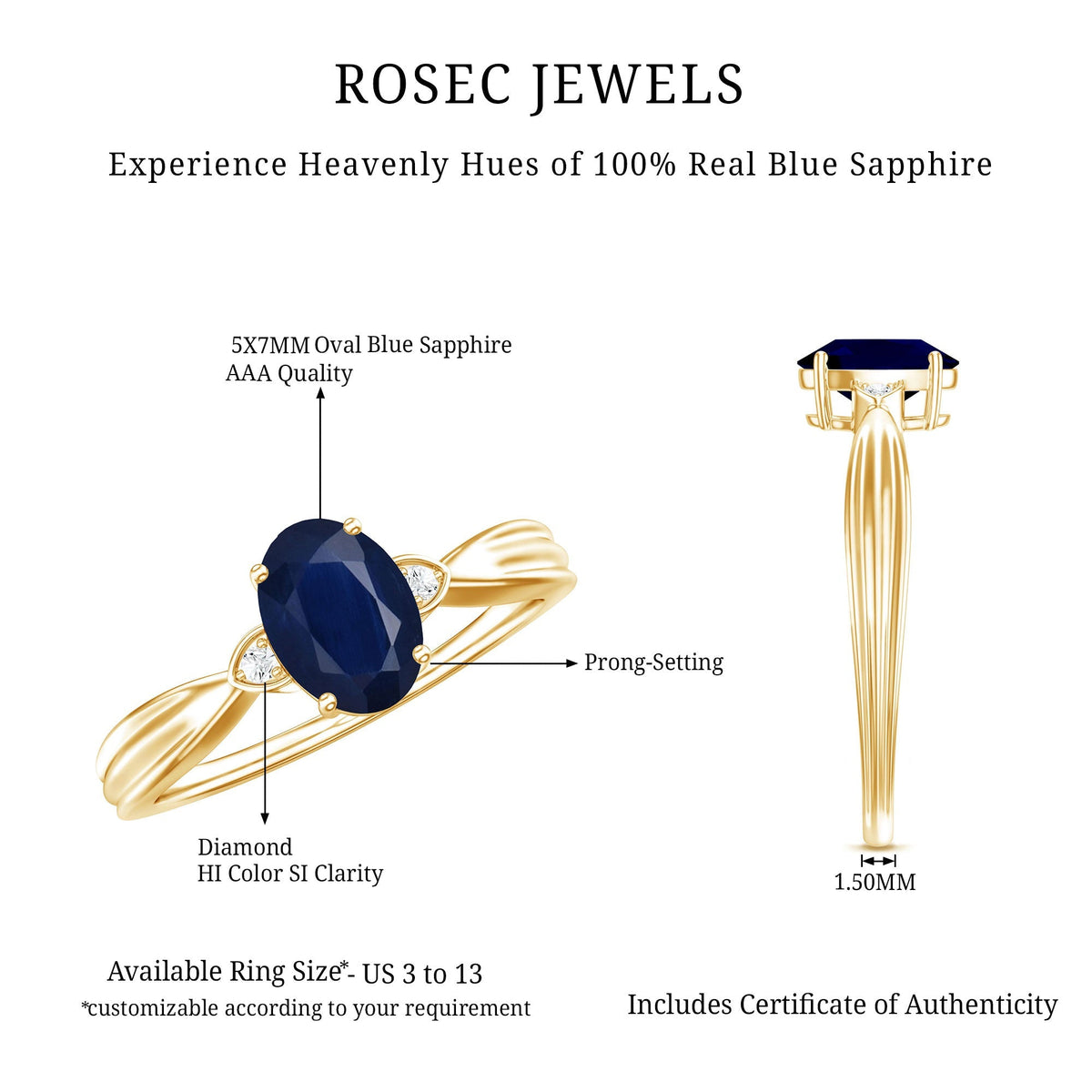 Blue Sapphire Solitaire Ring, Oval, Diamond Accents, 1.06 Ct