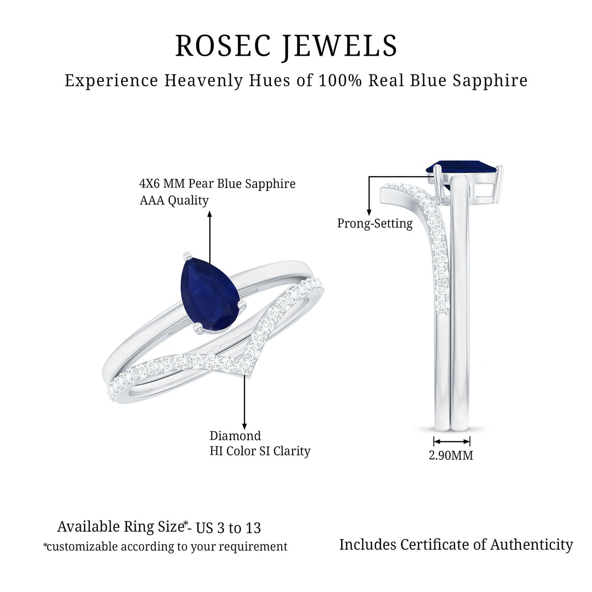Blue Sapphire Solitaire Ring Set With Diamond Enhancer Band
