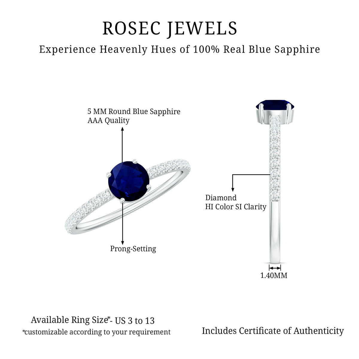 Blue Sapphire Solitaire Ring With Diamond Side Stones, 0.95 Carat