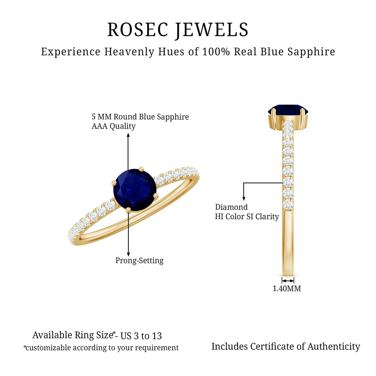 Blue Sapphire Solitaire Ring With Diamond Side Stones, 0.95 Carat